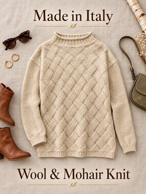 Via Vitale Italy Cream Cowl Neck Knit Sweater Wool Mohair Med to Large